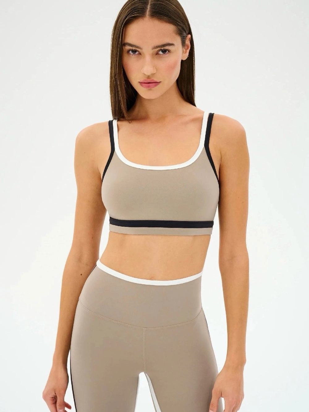 Splits59 Taupe Sports Bralette with White and Black Trim